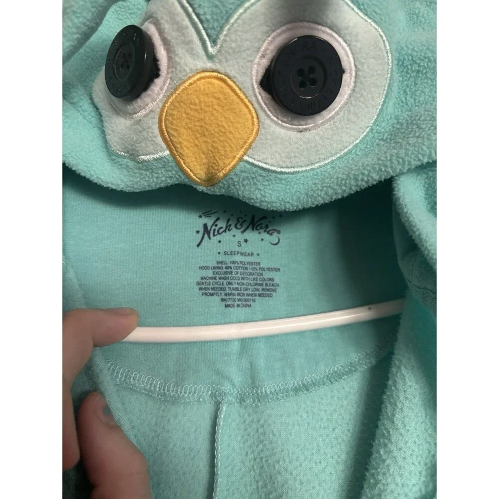 Nick & Nora Owl Fleece Teal One-Piece Pajamas‎ Hooded Wings Women's Small